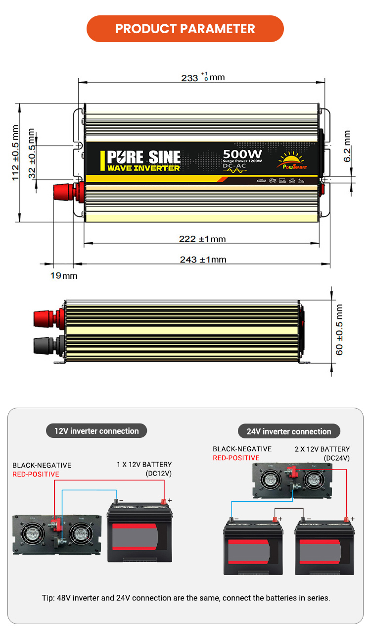 500W DC 12V 24V 48V  AC 110V 220V Solar Power Inverter