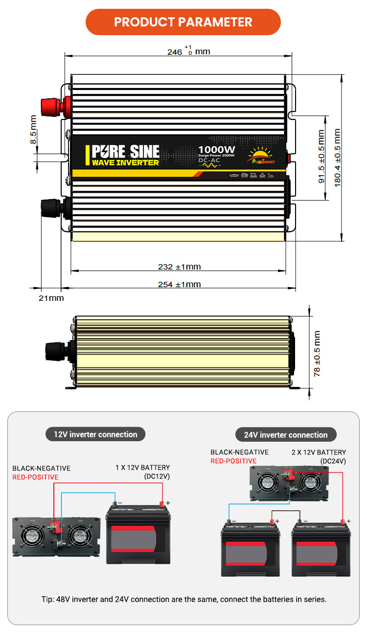 1000W DC 12V 24V 48V  AC 110V 220V Solar Power Inverter