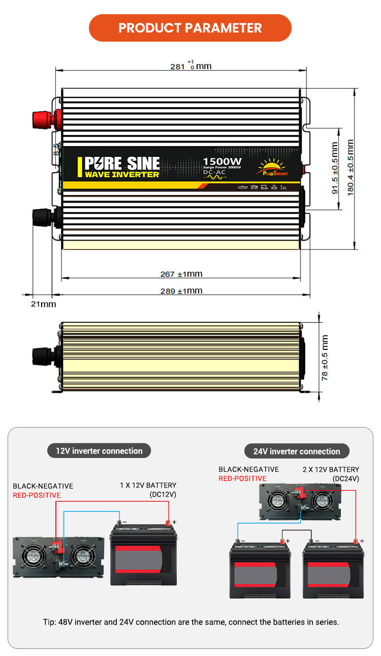 1500W DC 12V 24V 48V  AC 110V 220V Solar Power Inverter