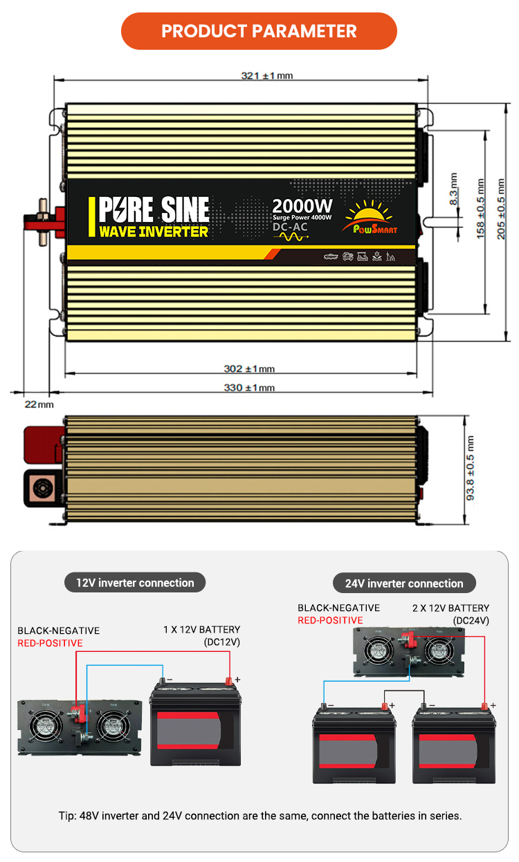 2000W DC 12V 24V 48V  AC 110V 220V Solar Power Inverter